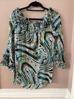 Violin Top Womens L Abstract Swirl Pleated Blouse Artsy Teal Green Fringe Trim